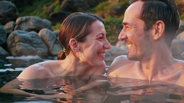 Romantic couple sharing intimate moments while bathing in a natural hot spring, surrounded by rocks and steam, creating a serene and peaceful atmosphere