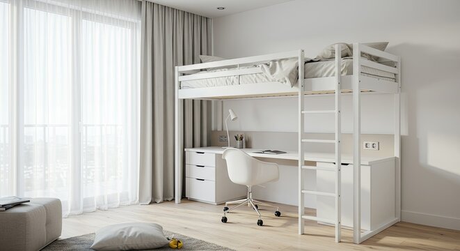 Modern Loft Bed and Desk: A minimalist loft bed with a built-in desk maximizes space and functionality in a bright, airy bedroom. Sleek white finishes create a sense of calm and order.