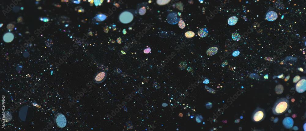 Poster pearlescent bubbles create an elegant texture against a black background with shimmer and shine