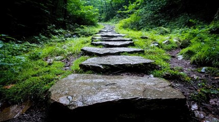 Fototapeta premium Stone steps leading uphill in a lush green forest, path through nature, tranquility, peaceful hike, nature background