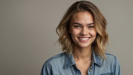 Fototapeta premium A smiling young adult model with a friendly expression, 20-25 years old, casually dressed in modern attire.