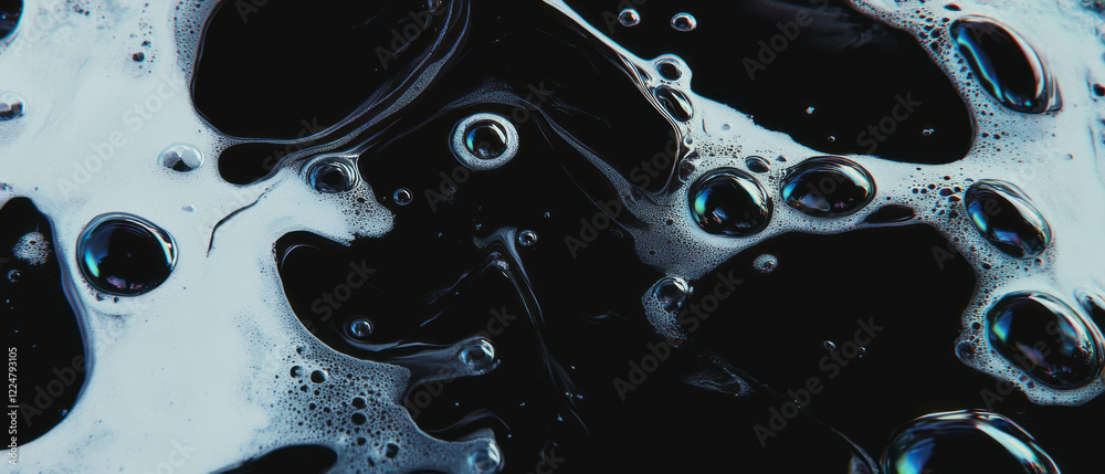 Poster Bubbles reflecting objects create a captivating texture against a dark background