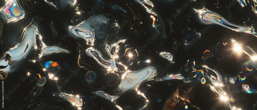 Poster Bubbles reflecting surrounding objects against a dark background with distorted visuals