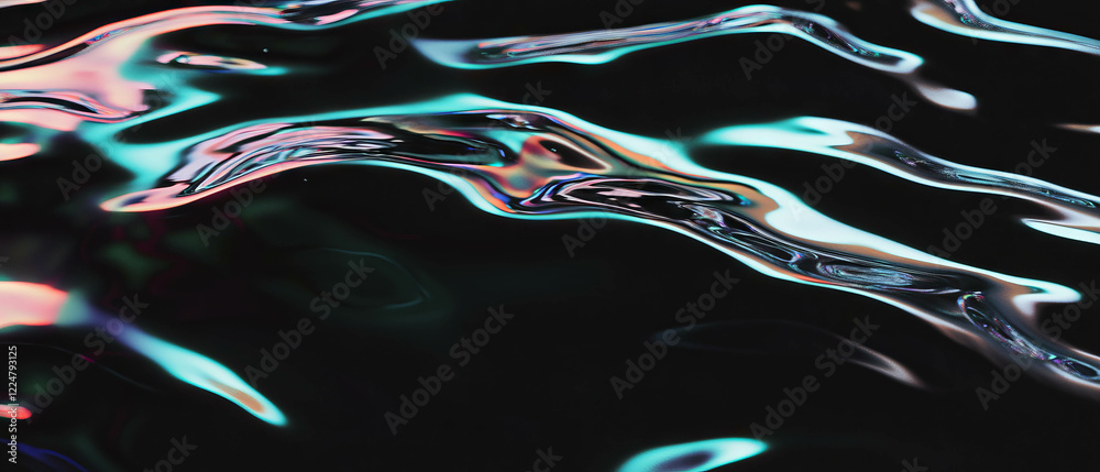Poster Reflections of bubbles shimmering on a dark surface with distorted colors and patterns