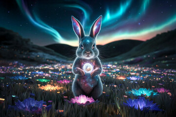 hyper-realistic digital painting of a cosmic rabbit-like traveler standing in a luminous meadow of glowing, multicolored flowers