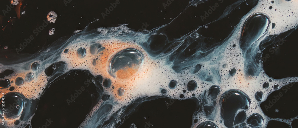 Poster overlay texture of bubbles with delicate thin film on a black background creates intriguing patterns
