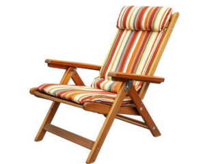 Folding wooden garden chair with striped cushion, perfect for outdoor relaxation. Its vibrant colors add cheerful touch to any patio or garden setting