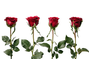 Elegant red roses arranged in a line with lush green leaves, capturing a moment of natural beauty against a light backdrop isolated on transparent background