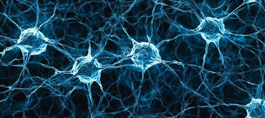 Blue Network of Interconnected Nodes, Representing Neurons and Synapses in the Brain.