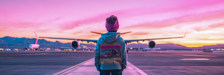 Obraz premium Child Watching Airplane at Sunset on Runway: A Captivating Scene of Travel and Dreams