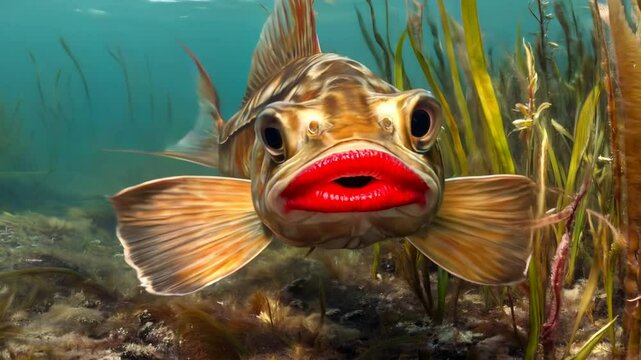 Vibrant underwater scene featuring a colorful red lipped batfish swimming among seaweed