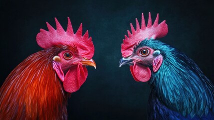 Fototapeta premium Intense Gaze Of A Red Rooster And A Blue Hen