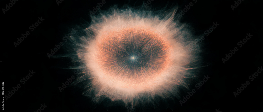 Poster Radiating geometric designs form concentric spark patterns around a central empty space on black