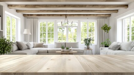 Fototapeta premium Light Wooden Tabletop in Bright, Modern Farmhouse Living Room with Large Windows