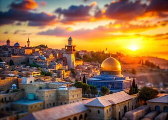 Obraz premium Miniature Sunset over Jerusalem's Old City & Dome of the Rock