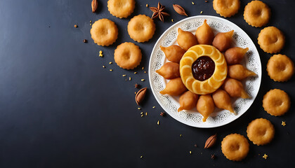 Naklejka premium Delicious Fried Dough Pastry Sun Design with Orange Jam