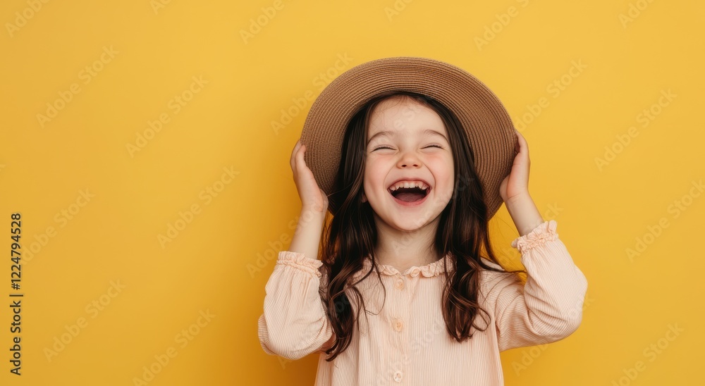 Wall mural Joyful Little Girl in Straw Hat Laughing Against Yellow Background