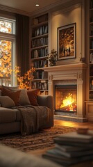 Fototapeta premium Cozy living room with fireplace and family silhouettes