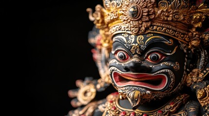 Fototapeta premium Intricate Balinese Mask Sculpture: A Close-Up of a Traditional Artisan Craft from Indonesia, Showcasing Vibrant Colors and Detailed Carvings of Mythical Characters