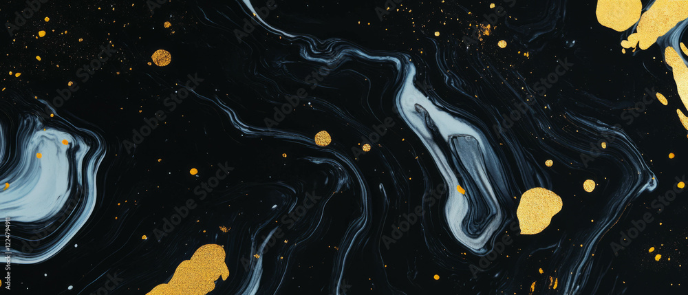 Aufkleber Overlay texture featuring confetti and abstract gold patterns on a black background