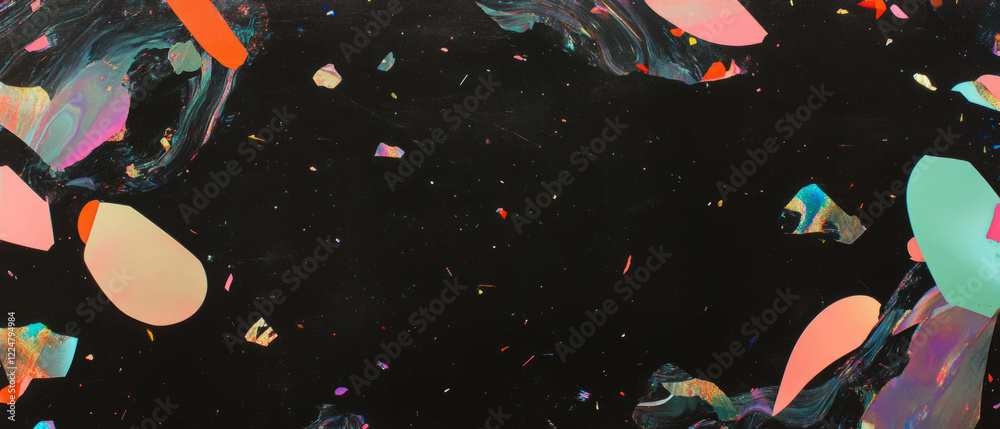 Poster Colorful confetti patterns create an abstract texture against a dark background