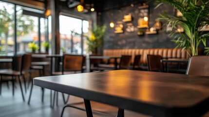 Fototapeta premium Empty Table in a Modern, Cozy Restaurant with Warm Lighting and Lush Greenery