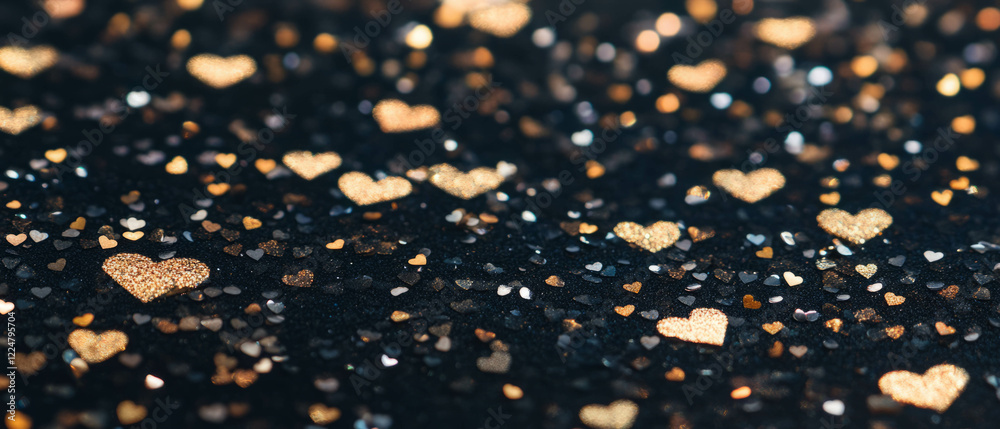 Poster confetti hearts create a romantic atmosphere with a golden glow on a dark background