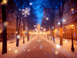 Snowy City Street Illuminated with Festive Lights at Dusk + Winter Magic