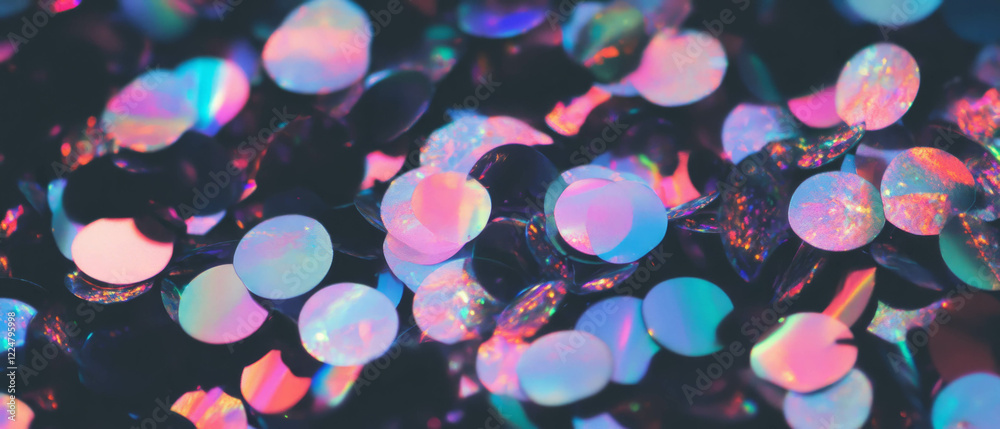 Poster confetti overlay texture with holographic effect on a black background for creative projects