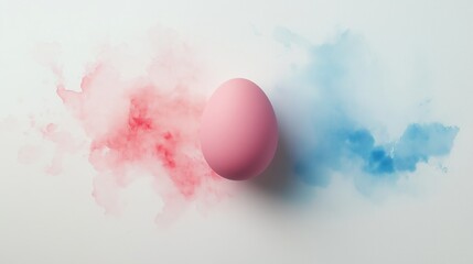 Pink egg surrounded by colorful smoke clouds on a white surface