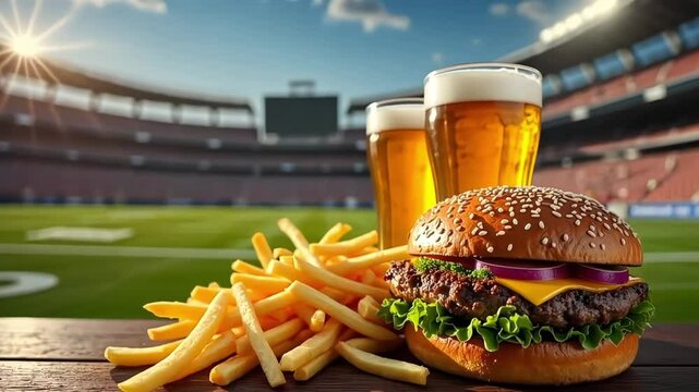 Cheeseburger with lettuce, tomato, and fries on wooden surface with glass of beer in a stadium setting