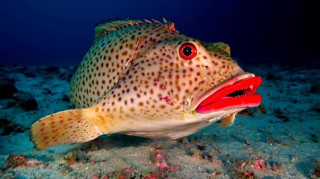 Colorful underwater scene featuring a red lipped batfish, swimming among coral reefs