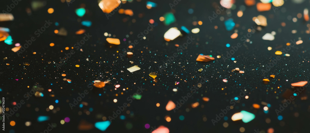 Poster Sparkling confetti texture with macro details against a black backdrop