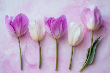 Fototapeta premium A vibrant arrangement of pink and white tulips on a soft pink background, evoking springtime beauty