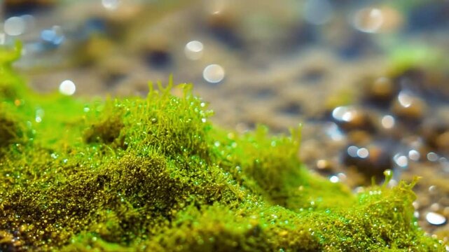 Green moss covering wet sand with shimmering water reflections macro pan shot capturing vivid contrast of textures and colors in coastal environment
