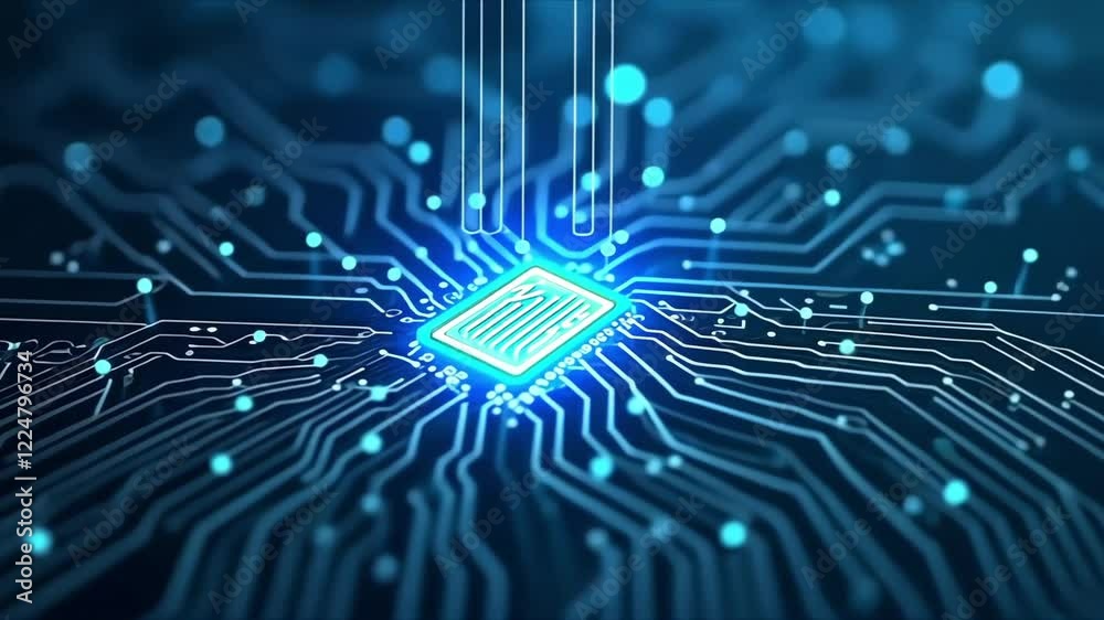 Poster blue microchip with glowing connections on circuit board background. futuristic technology and digit