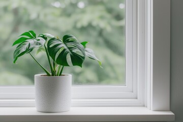 Fototapeta premium Lush Green Monstera Plant in White Pot on Windowsill