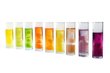 Colorful array of vibrant liquids in clear glasses displayed artistically on a minimalist backdrop, showcasing fluidity and contrast isolated on transparent background