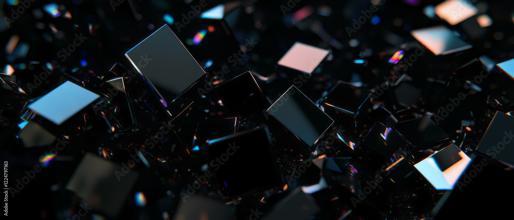 Poster Confetti overlay texture with square shapes and geometric patterns on a dark background