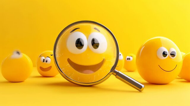 Happy yellow emoji group with magnifying glass highlighting one smiling face on vibrant yellow background. April Fool's Day