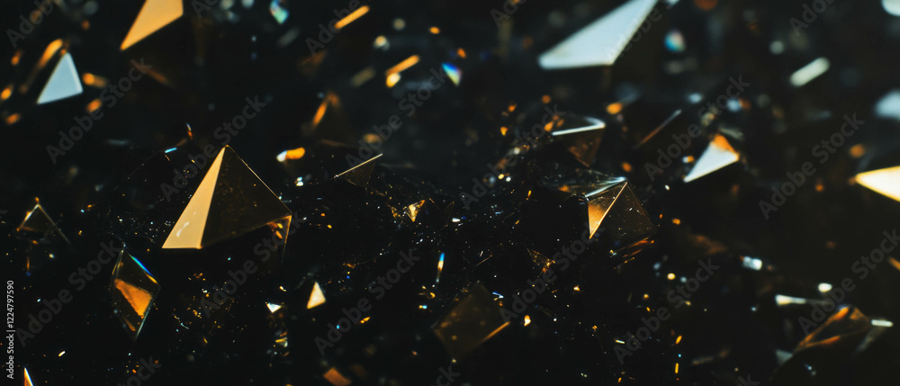 Poster Confetti texture with triangular shapes and sharp golden edges over a black background