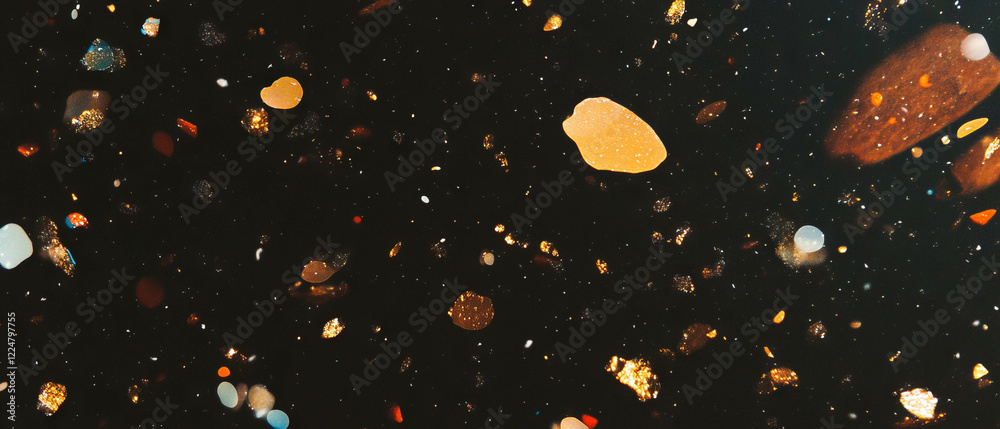 Poster vibrant confetti texture with mixed golden shapes on a deep black background