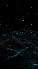 Abstract 3D Rendered Wavy Landscape with Glowing Particles on a Dark Background