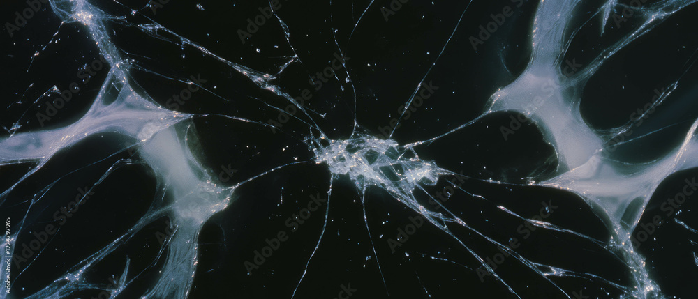 Poster Texture of cracked glass with a radial pattern on a dark background for design projects