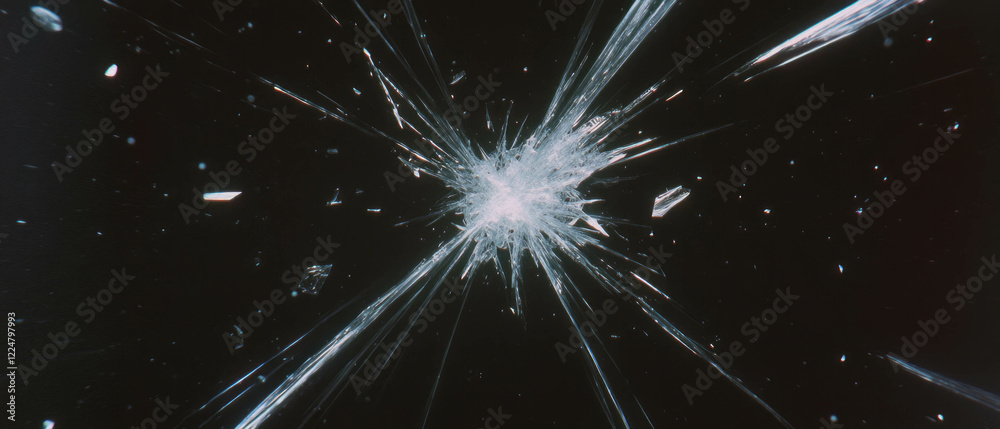 Poster Cracked glass texture with radial pattern on a black background creating a striking visual effect