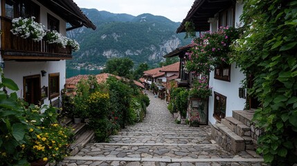 Obraz premium Cobblestone street in mountain village, scenic view, flowers, travel destination