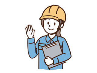 作業着の女性_黄色いヘルメット_ブルー