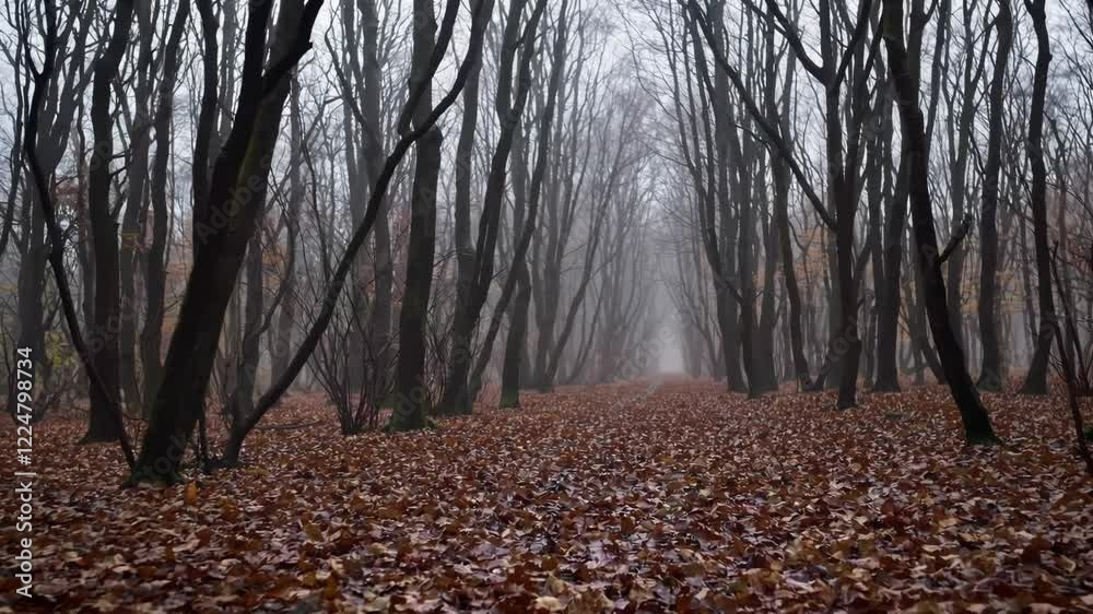 Aufkleber A moody forest path in late autumn with fallen leaves, soft drizzle, and a misty backdrop adding depth and atmosphere.
