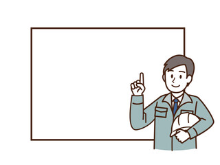 作業着を着た男性のフレーム_ヘルメットを抱える