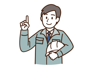 作業着の男性_白いヘルメットを抱える